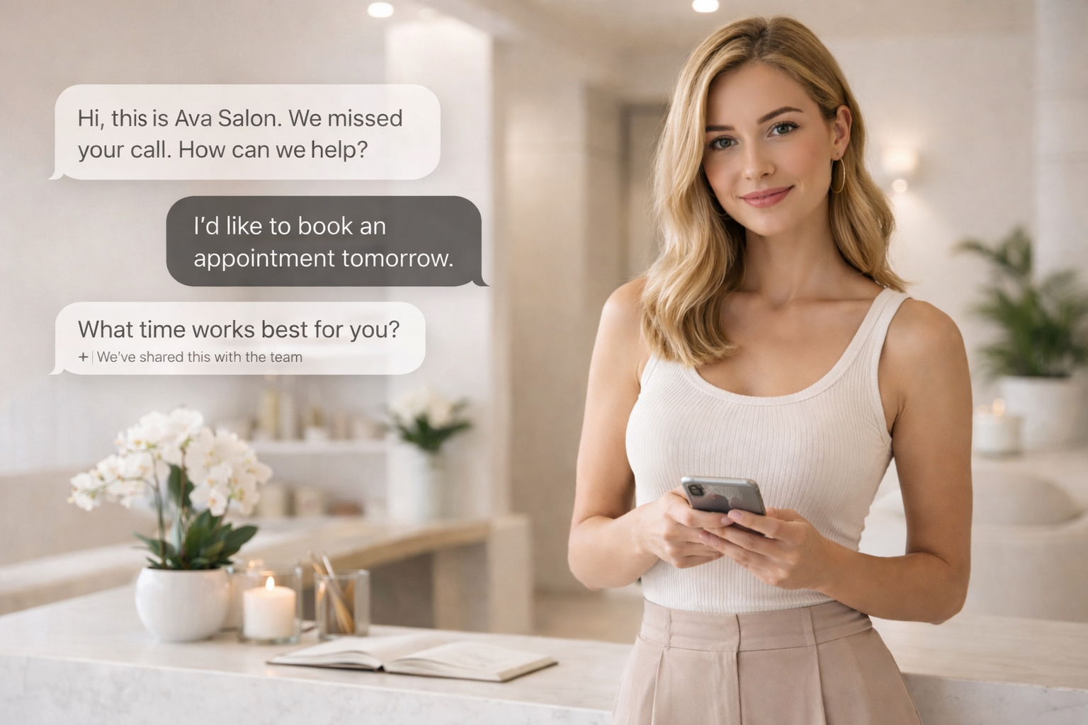 Beauty studio owner at reception using smartphone
